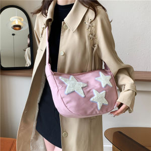 Trendy Star Print Large Capacity Crossbody Bag for Girls Student Summer New Canvas Leather Bucket Bag Shoulder Bag Women