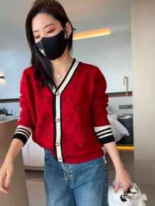 Red V-Neck Knitted Open Cardigan Womens Spring Autumn Fashion European Style New Year Sweater Small Fragrance Style Top