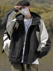 Retro Sport Workwear Jacket Mens Autumn Outdoor Functional Cool Loose Splice Color Block Hooded Windbreaker Coat