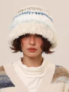 Japanese Style Plush Fisherman Hat Childrens Autumn and Winter Face Slimming Color Rabbit Fur Knitted Hat Big Head Circumference Warm Wool Hat