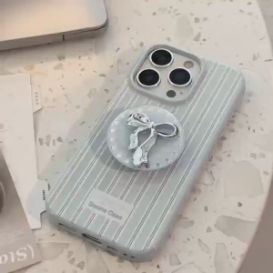 3D Bow Bracket Blue Stripe Soft Case for iPhone 12 13 14 15 16 17 Pro Max Casing Anti-fall Cover for iPhone 15 Pro Max Case