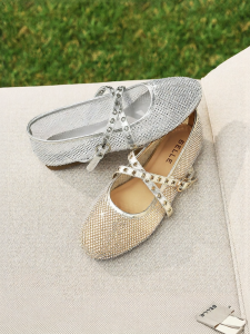 Belle | Lace-up Mesh Mary Jane Ballet Silver Flats 26
