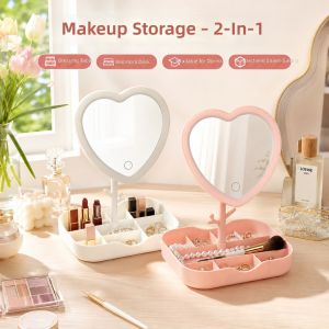 RA LED Vanity Mirror with Light Rotatable Dormitory Desktop Makeup Mirror with Storage Compartments AR