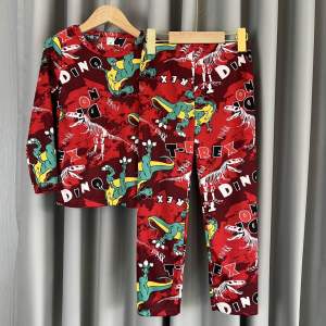 ชุดเด็ก ชุดนอนเด็ก ลายไดโนเสาร์ แขนยาวขายาว ผ้าไมโครนิ่มใส่สบาย โพลีเอสเตอร์  ทีเร็กซ์ (ย+ย) แขนยาว+ขายาว