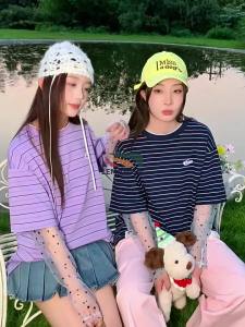 lemanism | Couples Fake Two-Piece Round Neck Stripe Short Sleeve T-Shirt