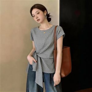 Slimming and Waist Cinching Plaid Short Sleeve Shirt for Plus Size Women Summer