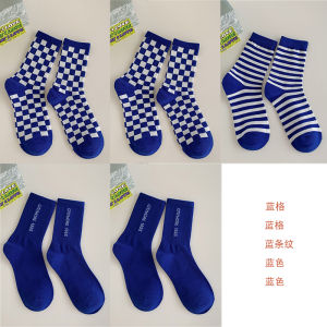 5 Pairs Womens Mid-Calf Sports Socks Anti-Odor Cotton Blue White Grid Pattern Trendy Home Comfortable Breathable Long Socks