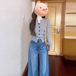 Gray V-Neck Knitted Sweater Long Sleeve Womens Style Korean High-End Unique Autumn Winter New Fashion Commute Slim Fit Top