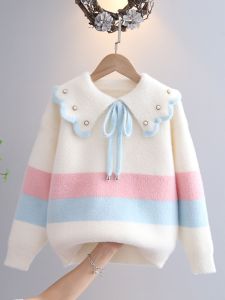 Fashionable Fall Winter Girls Knitted Sweater Mink Velvet Doll Collar mid Large Childrens Trendy Top Korean Style Soft Material