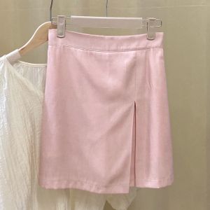 Elegant High Waist A-Line Mini Skirt Pink Shiny JoycisFriday Summer Collection Elastic Waist Skirt for Women Commute Style