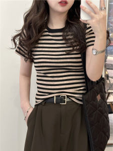 Áo Thun Nữ Tay Ngắn Ôm Vừa Vặn Họa Tiết Sọc Cổ Tròn Mùa Hè Phong Cách Hàn Quốc Thường Ngày Thường Ngày