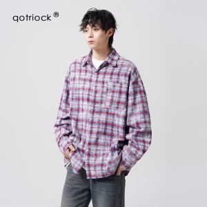 American Retro Tie-Dye Gingham Long Sleeves Shirt Mens Autumn Fashion Brand Loose Design Outwear High Street Handsome Shirt