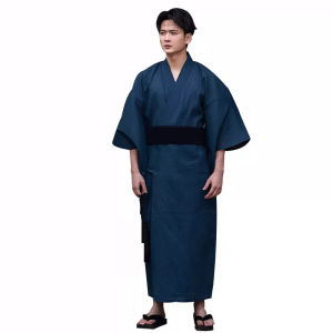 Japanese Traditional Samurai Kimono For Men Yukata Bathing Robe Hekoobi Loose Style Sauna Wear Homewear Belt Long Gown Cotton