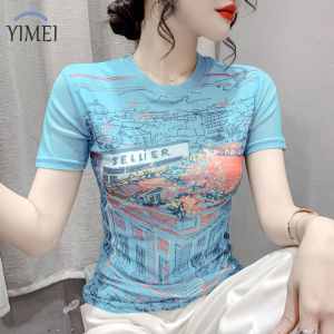 YIMEI Áo Thun In Hình Định Vị Thời Trang Áo Thun Nữ Bó Sát 2023 Ngắn Tay Mùa Hè Cổ Tròn Áo Nữ Mỏng Và Đẹp