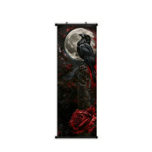 VIKAMA 3 Mảnh Tường Cuộn Thảm Bộ Gothic Raven Crow Trăng Tròn Hoa Hồng Đậm Nghệ Thuật Treo Tường Trang Trí Cho Phòng Khách Phòng Ngủ