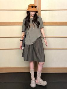 YUEZHONGWEI | Trendy Gray Print T-shirt & Wide-leg Pants Set