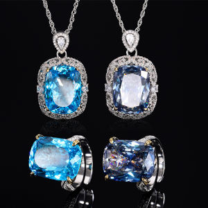 New Arrival Birds Nest Cut Aquamarine White Blue Plated Elegant Fat Square Suit Pendant Ring Fancy Luxury Elegant Retro