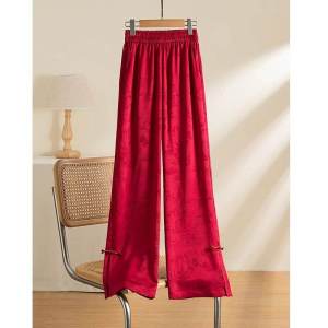 กางเกงขายาวทรงตรงผ้าไหมบางสีแดงสำหรับผู้หญิง กางเกงขายาวทรงขากว้างสไตล์จีนใหม่ปี 2024 ทรงตรง ทรงบาง ทรงเข้ารูป ทรงเข้ารูป