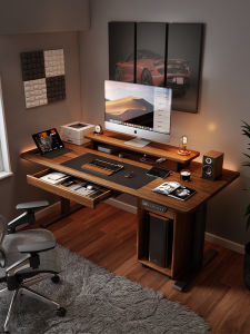 Electric Adjustable Wooden Desk Walnut Color