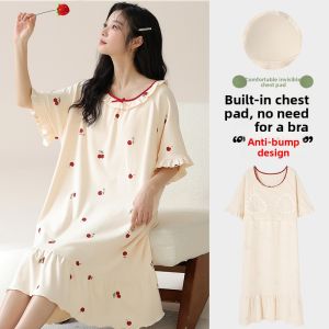 MiiOW | Pure Cotton Short Sleeve Sleep Dress Womens Summer Nightgown Round Neck Sweet External Wearable Gown Casual Home Comfortable