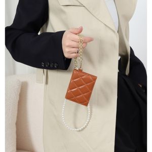 Royal Bagger Elegant Card Holder for Women Genuine Sheepskin Leather Pearl Chain Strap Quilted Hanging Neck Shoulder Bag Female Mini Purse