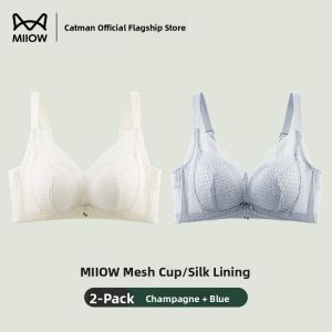 MiiOW | Womens Silk Lingerie Breathable Comfortable Thin Lace Bra Prevents Sagging Gathered Underwear Fixed Strap Three Quarter Cup V Neck