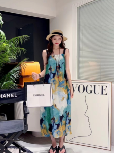 Summer Casual Slimming Floral Print Two-Piece Set Dress High Waist A-Line Skirt V-Neck Sleeveless Commute Korean Style Polyester