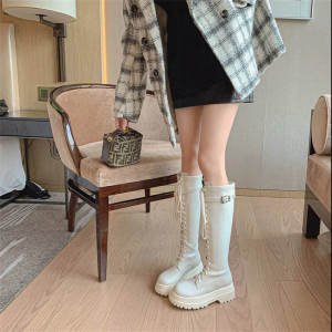 Giày Bốt Martin Dệt Kim Dày Mùa Thu Đông Cho Nữ Gót Cao Cổ Bốt Dài Đế Bằng PU Đế Bằng Cao Su Màu Trắng