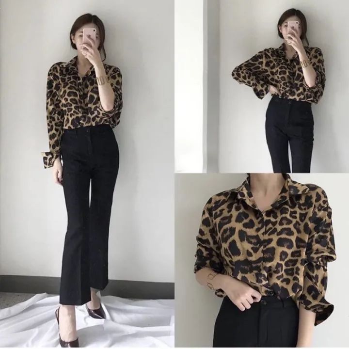 KEMEJA LEOPARD OUTFIT WANITA RETRO VINTAGE