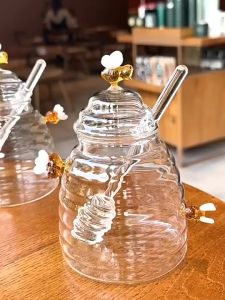 BABA 500ml Glass Honey Pot with Honey Dipper Food Grade Transparent Bee Design Honey Jar Balang Madu Kaca食品级透明玻璃蜂蜜罐带搅拌棒
