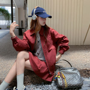 Fashionable Loose Korean Style Two-Piece Set Womens Coat And Pleated Short Skirt Burgundy Color Autumn New Arrival