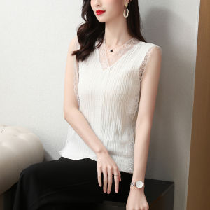 Áo Ba Lỗ Không Tay Dệt Kim Màu Đen Trắng Cho Nữ Mùa Hè Áo Sơ Mi Công Sở Ôm Vừa Vặn Không Tay Áo Ba Lỗ Lót Ren Bên Trong