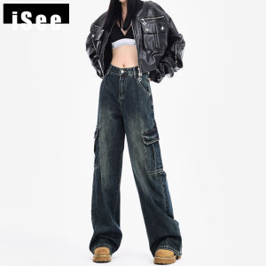 กางเกงยีนส์ทรงหลวมขากว้างสไตล์ย้อนยุคสำหรับผู้หญิง กางเกงขายาวทรงตรงทรงหลวมขากว้างสไตล์อเมริกันพร้อมกระเป๋าหลายช่องสำหรับฤดูใบไม้ผลิ