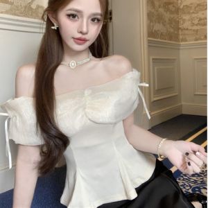 GUZILIAN | Elegant French Style Womens Shirt Slim Fit Short Sleeve One Shoulder Design Beautiful Waist Cinched Summer Floral Skirt Hem Top