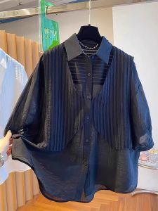 WANGGONGZHU | Elegant Short Sleeve Womens Shirt Thin Design Summer New Style Plus Size Fake Two-Piece Upper Thin Korean Version Commute Style
