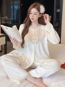 Gold Velvet Sleepwear Womens Long Sleeve Casual Vintage Style Home Leisure Fashionable Outdoor Two-Piece Set round Neck Open Cardigan