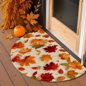 VIKAMA Fall Maple Leaf Half Round Door Mat Autumn Print Non Slip Rug For Entryway Bathroom Bedroom Thanksgiving Decor