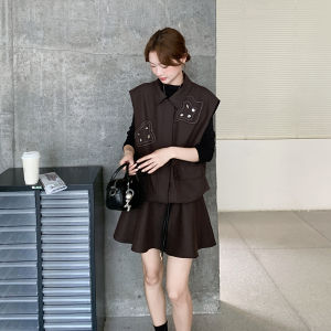 Caramel Retro Mermaid Design Womens Fashion T-shirt Mini Skirt Set Three-piece Suit Autumn Comfortable Polyester Blend