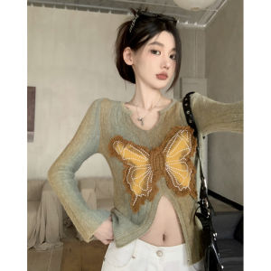 เสื้อสเวตเตอร์ถักคอวีแขนยาวสไตล์อเมริกันสำหรับผู้หญิง เสื้อผ้าทำงานสไตล์เกาหลี ดีไซน์ผีเสื้อ ดีไซน์เก๋ไก๋ แฟชั่นฤดูใบไม้ร่วง