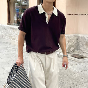 DAVID&ME | Brown Collar Color Block Heavyweight Loose Summer Polo Shirt