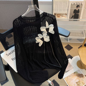Elegant Hollow out Thin Knitted Shirt Womens Fashion Sun Protection Clothing Brand Discount Spring Autumn 3D Flower Design