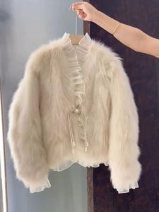 Eco-Friendly Fox Fur Jacket Womens White Tuscany Style Fashionable Outerwear Long Sleeve Slim Fit Polo Collar No Hat