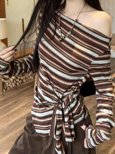 Korean Early Autumn Striped Belted Shoulder Top Womens Design Knitted Base Shirt Long Sleeve T-Shirt City Walk Daily Wear