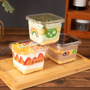 Square Mousse Cup with Lid Wooden Shavings Disposable Soy Milk Yogurt Pudding Multi-layer Cake Dessert Packaging Box