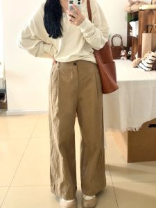 Loose High Waist Straight Leg Pants Womens Khaki Wide Leg Long Trousers Autumn New Style Slimming Casual Pants for Plump Sister