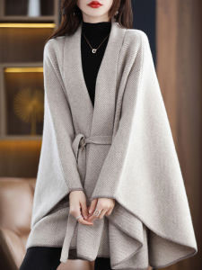 100% Pure Cashmere Wrap Shoulder Coat with Belt Loose Knitted Sweater Thicken Cardigan Spring Autumn Winter V-neck Long Sleeve