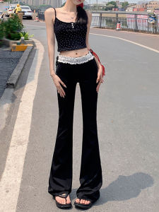 Lace Patchwork Bootcut Trousers Womens Korean-Style Wear Thin Tiancai Pants Jennie Same Spring and Summer Stretch Yoga Casual Pants