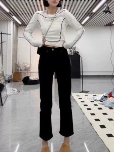 High Waist Black Elastic Denim Jeans Womens Spring Autumn plus Size Slim Straight Tube Pants Nine Points Small Size