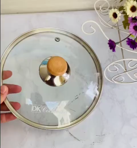 Nắp vung kính đậy nồi chảo kính cường lực kết hợp núm gỗ cách nhiệt xinh xắn size 18cm