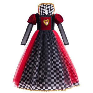 Girls Queen of Hearts Cosplay Dress Black White Checkered Skirt with Red Tulle Kids Halloween Costume Theme Party Outfit